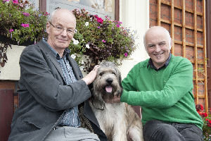 Professors Michael Worboys and Matthew Cobb with Meesha the Catalan sheepdog