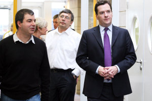 Professors Andre Geim and Kostya Novoselov with Chancellor George Osborne