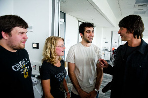 Brian Cox with final year UGs Tom Murphy, Sofia Norberg and Sammy Alkhalaf