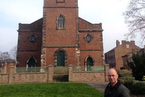 Dominic Medway outside Christ Church, Macclesfield