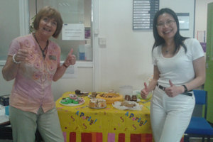 Jennifer Lambert and Shirley Chiu at Alzheimer's cake sale