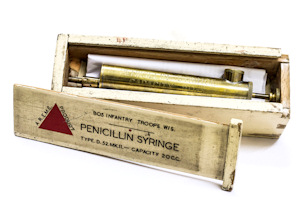 Second World War Penicillin syringe made from the oil can of a Bren gun.