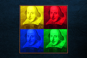 Four images of Shakespeare in primary colours 