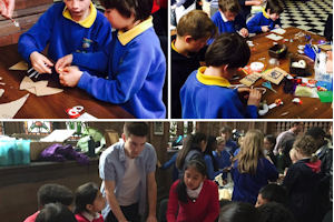 Image split into three images of schoolchildren building models 