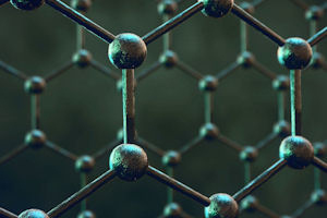 Molecular framework of graphene shown like a hexagonal net on a green background