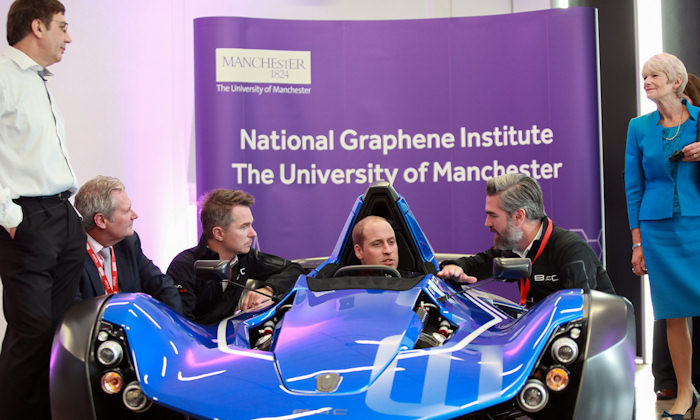 The Duke of Cambridge in the world's first car to be produced using graphene