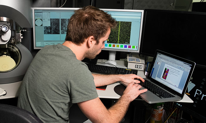 Photograph of a researcher using computers