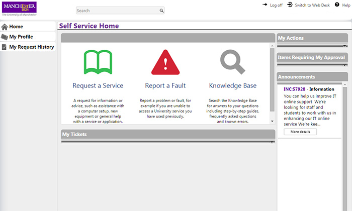 Screenshot of current IT Self Service website
