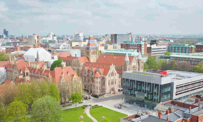 Aerial view of campus and Manchester