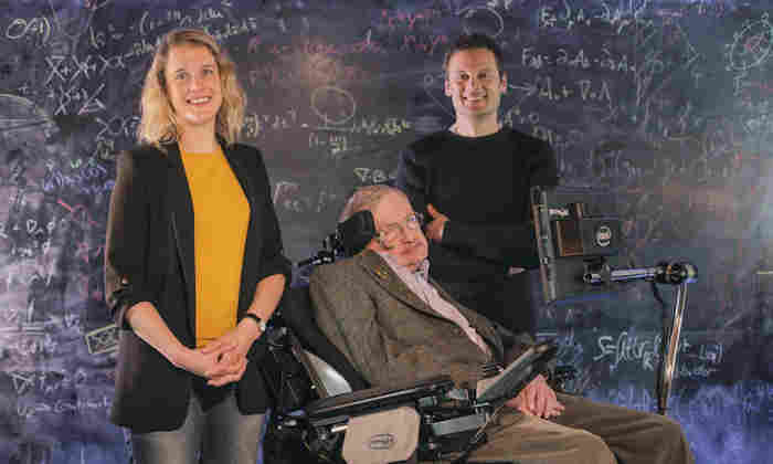 Professors Danielle George and Stephen Hawking and Christophe Galfard
