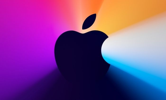 Image is the apple logo on a coloured background used at a recent Apple event
