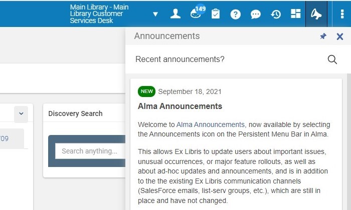 New Announcements feature within Alma