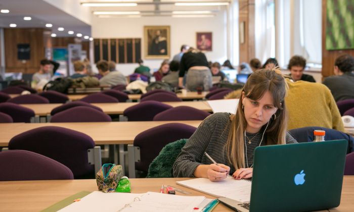 A student sits making notes in Braddick Library