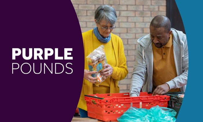 Purple Pounds - two people working at a foodbank