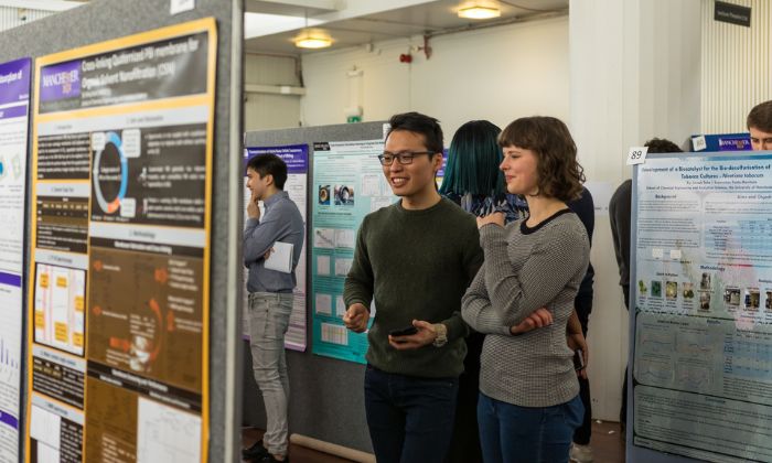 Two researchers studying a poster at a research event
