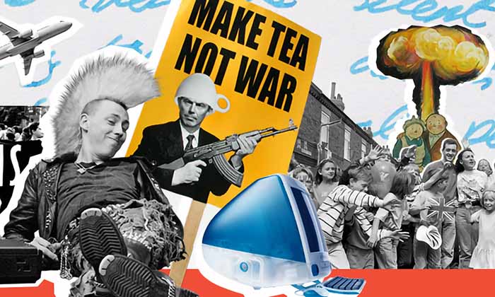 MAKE TEA NOT WAR sign and a montage of elements of British Pop Culture