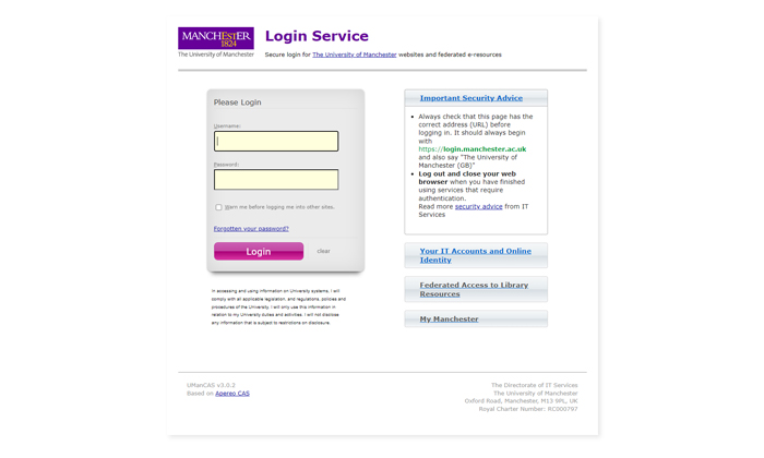 Screenshot of the CAS and Shibboleth (IT login service) page