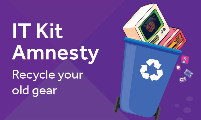 IT Kit Amnesty - Recycle your old gear. Image of rubbish bin with tech in it