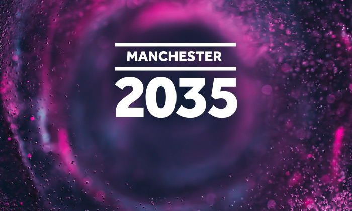 White text Manchester 2035 over the top of a space themed background