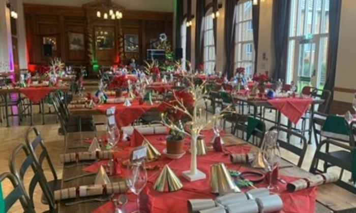 Tables set up for Christmas dinner