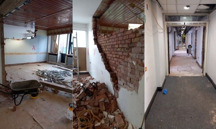 Collage of photographs from the refurbishing works in the EW building. 