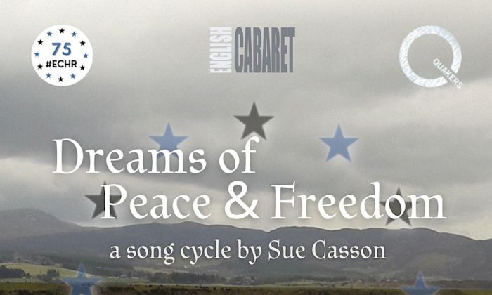 Text 'Dreams of Peace and Freedom' against a grey landscape
