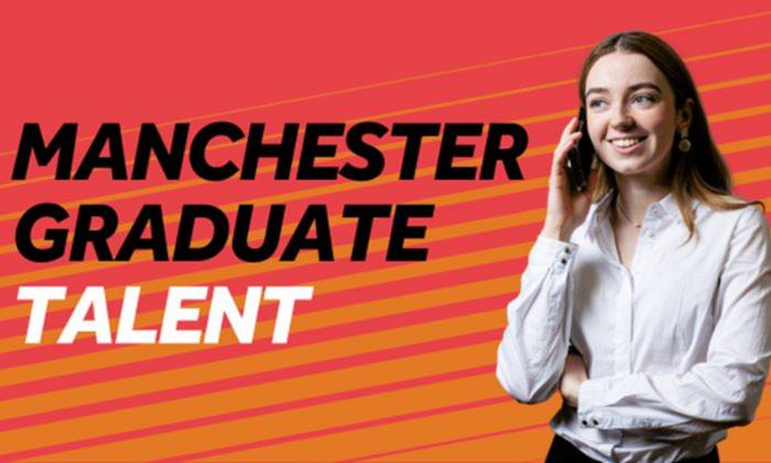 Manchester Graduate Talent text against a vibrant orange background with student