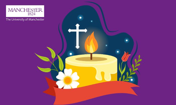 Purple background with a lit yellow candle and white cross