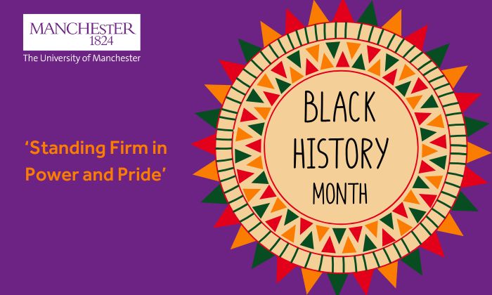 Colourful shape on a purple background with Black History Month text