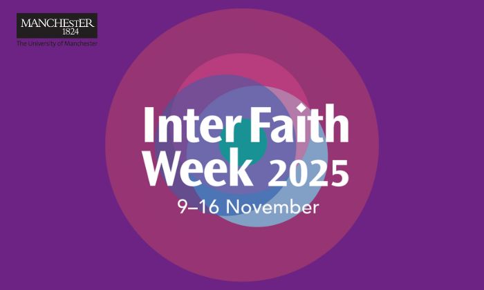 Interfaith Week 2025 circular text logo against a purple background