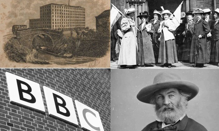 Collage showing a mill, suffragettes, the BBC logo, and a bearded man in a hat.
