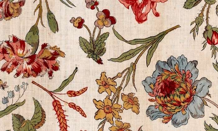 Image shows block printed cotton with floral pattern, made in Britain, 1785-99. 