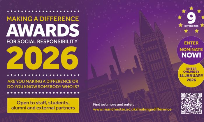 Purple background of the University, and text with information about the Awards