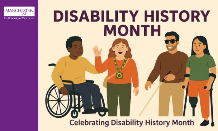 Cartoon of four individuals with visible disabilities/wearing sunflower lanyard