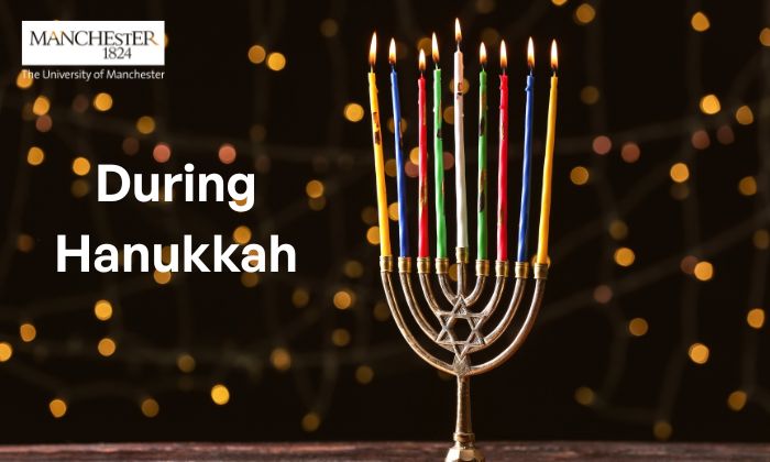 Lit Menorah candles against a black background, saying During Hanukkah