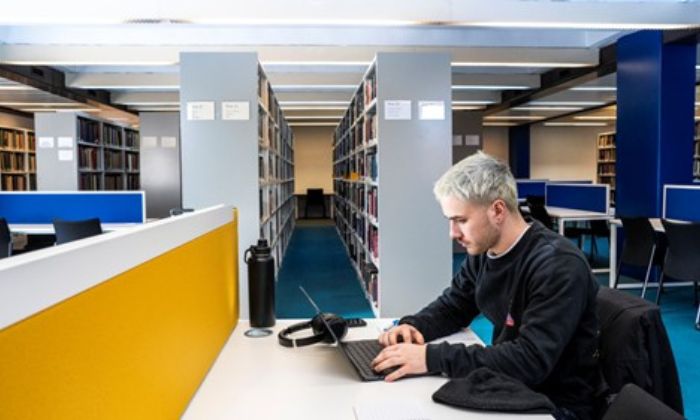 Student working at a laptop in Blue 2 Main Library