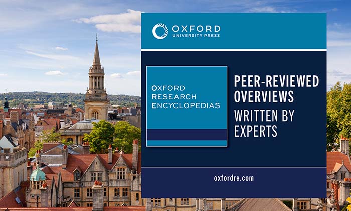 Oxford skyline with ad for Oxford Research Encyclopedias by OUP.