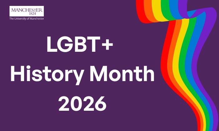 LGBT+ History Month text with a rainbow flag background