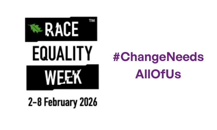 Black and white 'Race Equality Week' text, logo from the official site