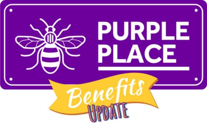 Purple Place logo with bee, and 'Benefits update' text