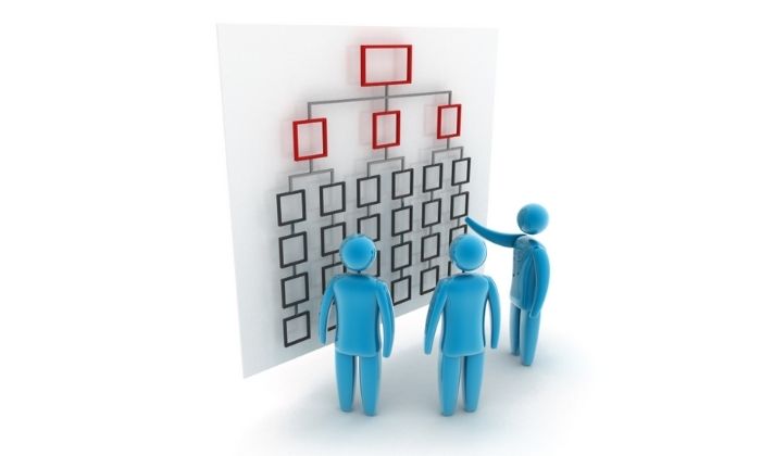 Graphic of three cartoon people looking at an organogram