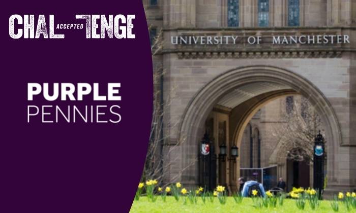 Purple background with Purple Pennies text and an image of the University