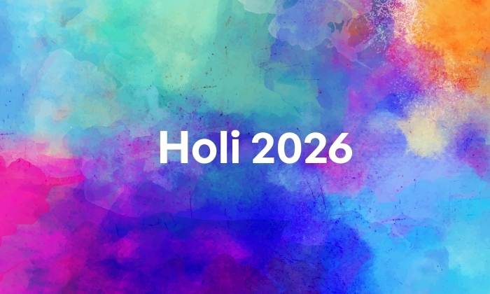 Holi 2026 text on a vibrant colourful background
