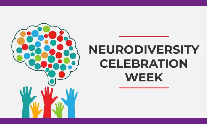 Neurodiversity celebration week text, with a brain full of colourful dots
