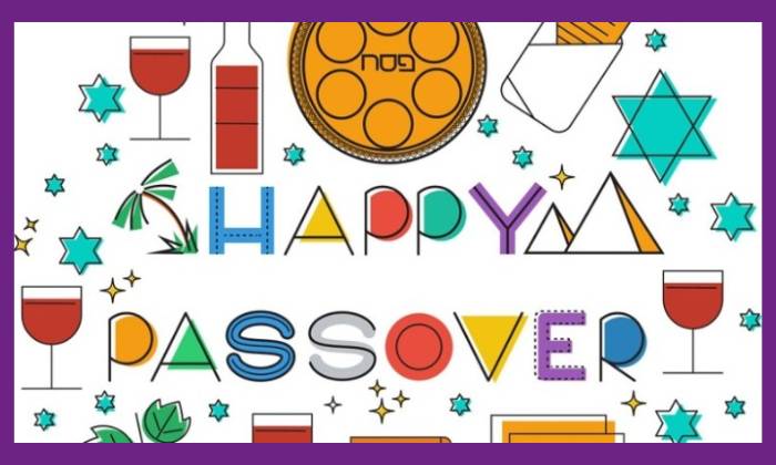 Happy Passover graphic with colourful text and shapes