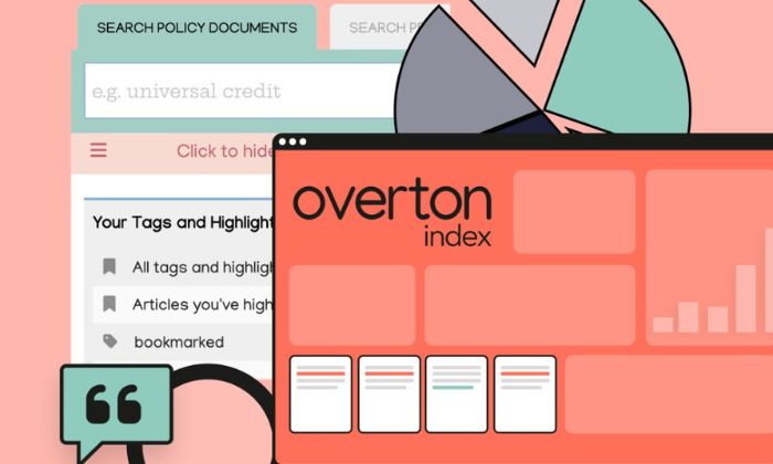 Orange and turquoise illustrated graphics representing the Overton search engine
