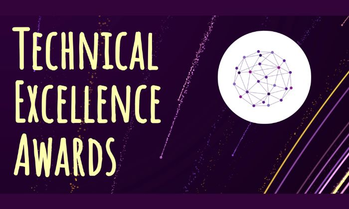 Yellow technical excellence award text on dark purple background